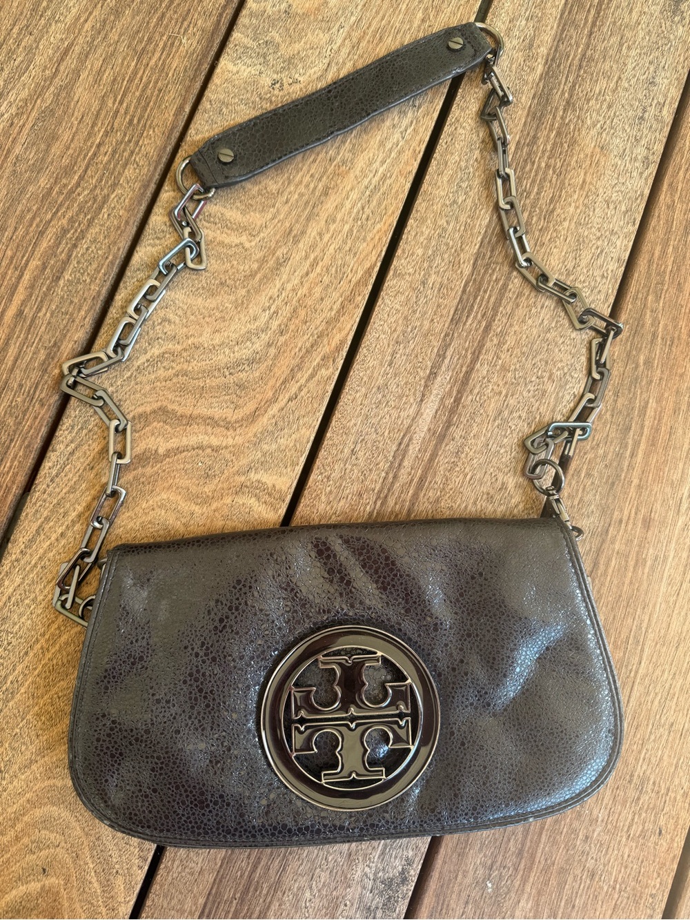 Tory Burch Dark Brown Leather Shoulder Bag with Logo Medallion